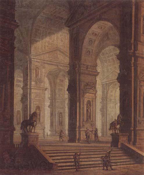 unknow artist The interior of a classical building,with soldiers guarding the entrance at the base of a set of steps Spain oil painting art